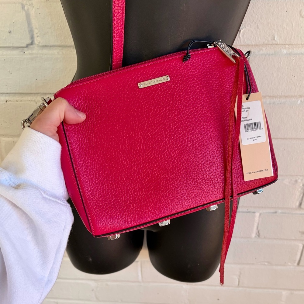REBECCA MINKOFF Mini 5 Zip Leather Crossbody Bag in Bright Fuchsia, NEW W/ TAGS - Picture 2 of 10